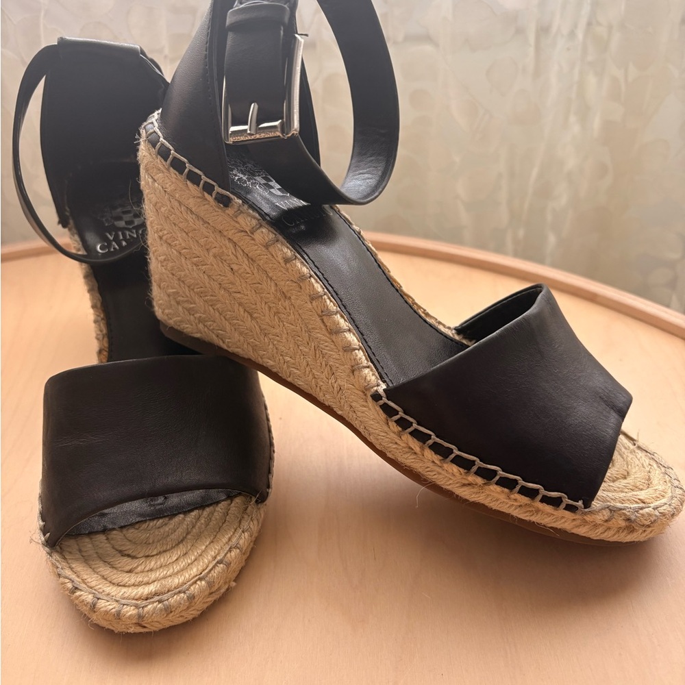 Vince Camuto Black Leather Espadrille Wedge Sandals with Ankle Strap - Picture 3 of 7